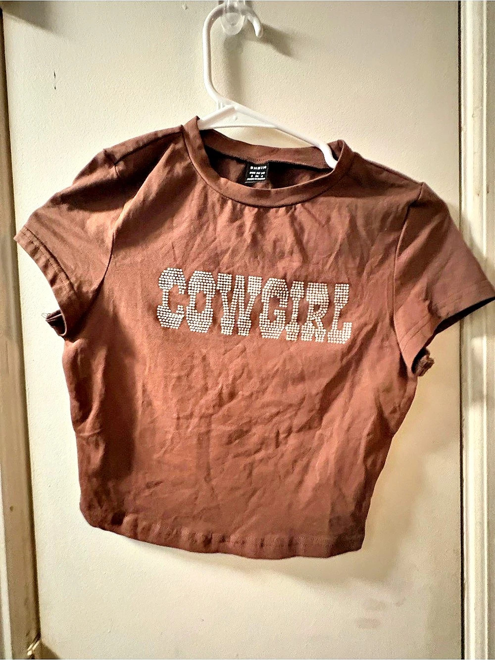 SHEIN Cowgirl Rhinestone Baby Tee Brown XS